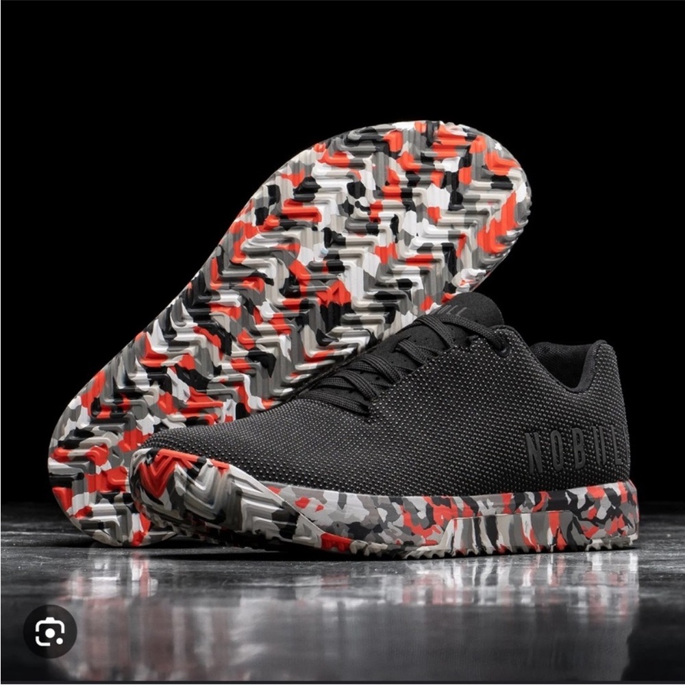 NOBULL Black Training Shoes with Red, White, and Gray Camo Sole